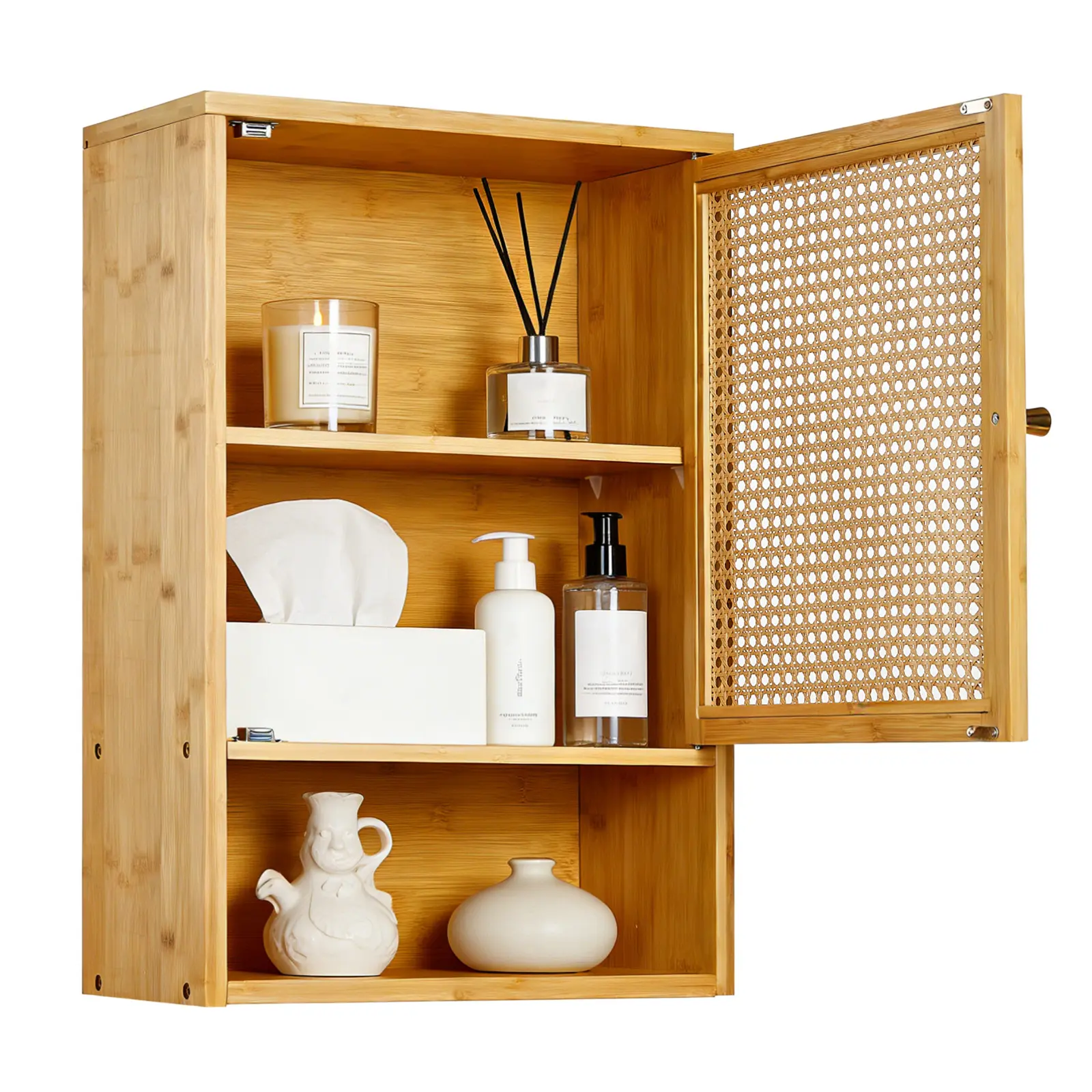 Rattan Bathroom Wall Cabinet, Boho Wall Mounted Storage Cabinet with Natural Bamboo Doors, Small Medicine Cabinet Over the Toilet for Bathroom, Kitchen, Laundry Room