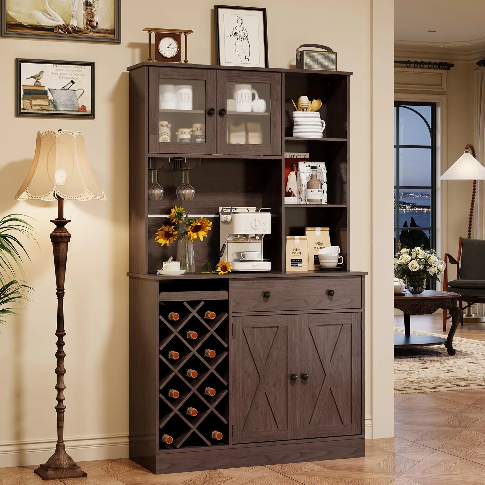 Garvee Coffee Bar Cabinet with Power Outlet & Exquisite Barn Doors, Sideboard Buffet Cabinet with Wine Bottle Rack, Storage Cabinet for Kitchen, Dining Room