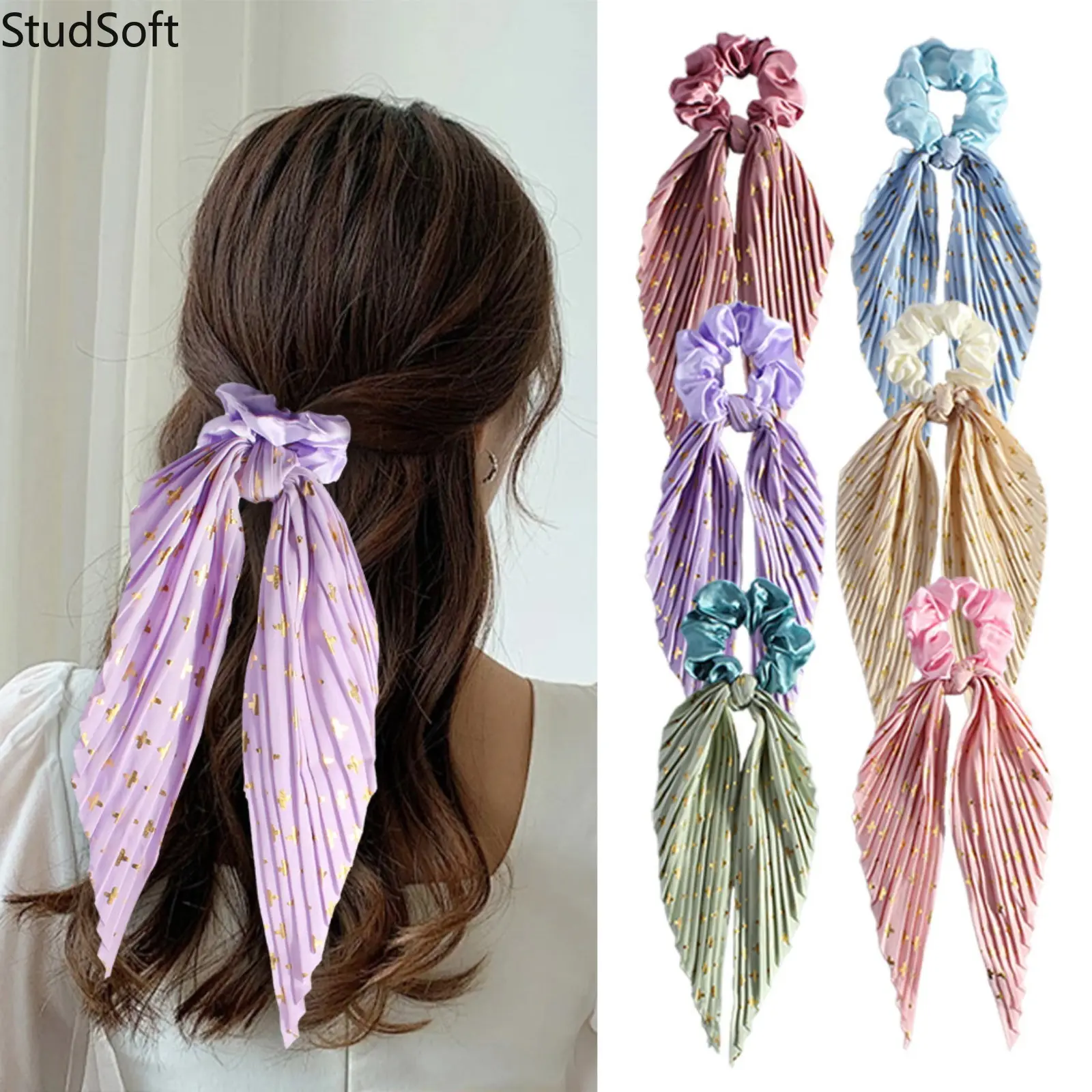 6pc Pleated Satin French Hair Scarf Scrunchie Bow Pack, Gold Star Foil Long Ribbon Bowknot Ponytail Holder Ties, Bulk Daily Wear Sports & Outdoor Travel Accessories
