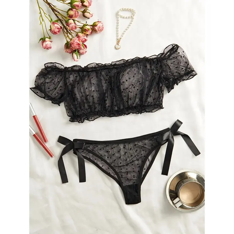 Women's Polka Dot Print Sheer Mesh Sexy Lingerie Set, Romantic Sexy Frill Trim Puff Sleeve Top & Panty for All Seasons, Women's Sexy Lingerie Underwear
