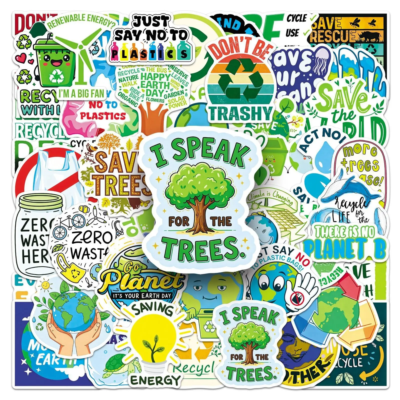 50Pcs Eco-Friendly Earth Day Stickers,  Waterproof Decorative Green world Stickers,Protect the environment, PVC Material, Ideal for Apple Devices