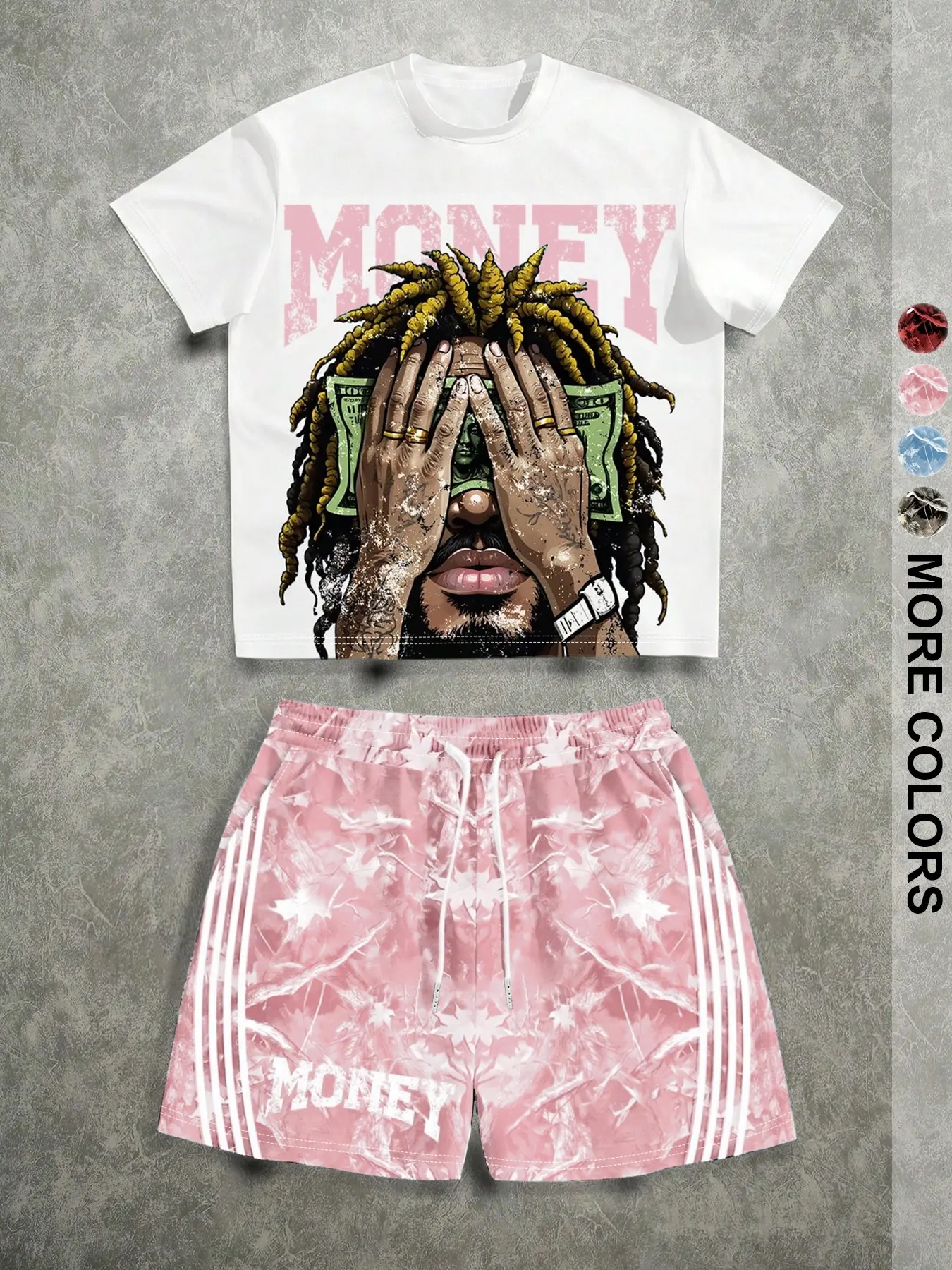 Men's 2-Piece Set, Multi-Color Letter Print Tee and Cartoon Shorts, Casual Comfortable, Ideal for Daily Activities