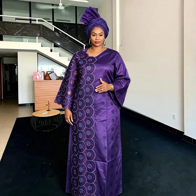 Plus Size African Clothes for Women 2026 New Dashiki Ankara Embroidery Bazin Riche Design Wedding Party Dresses with Headscarf