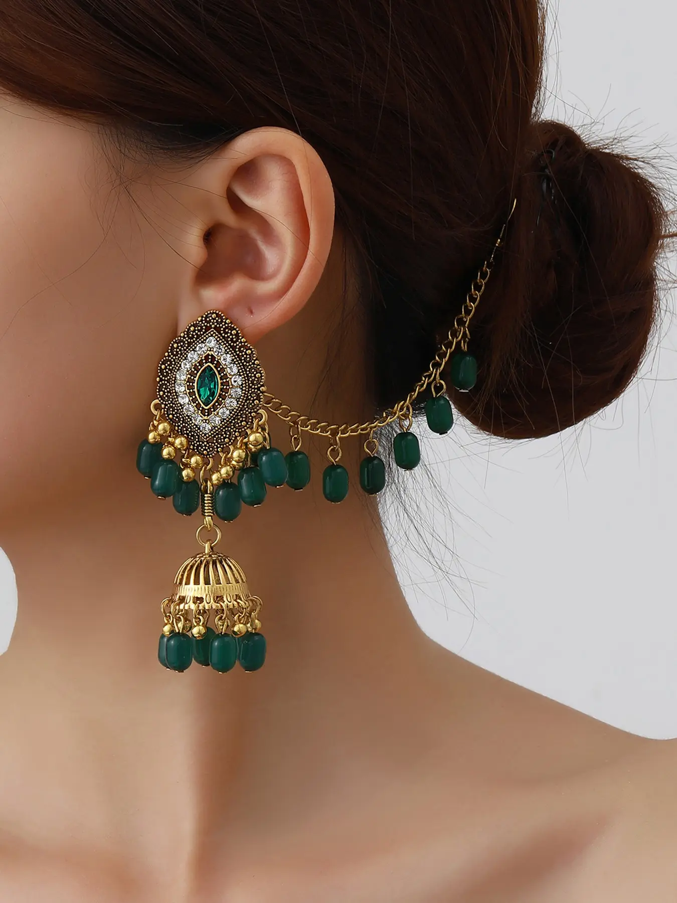 Indian Jhumka Earrings with Hair Chain for Women, Vintage Gold Black Stone Bollywood Earrings, Boho Gypsy Tribal Bell Tassel Hair Link Chain Bahubali Jewelry Pack (1 Pair)