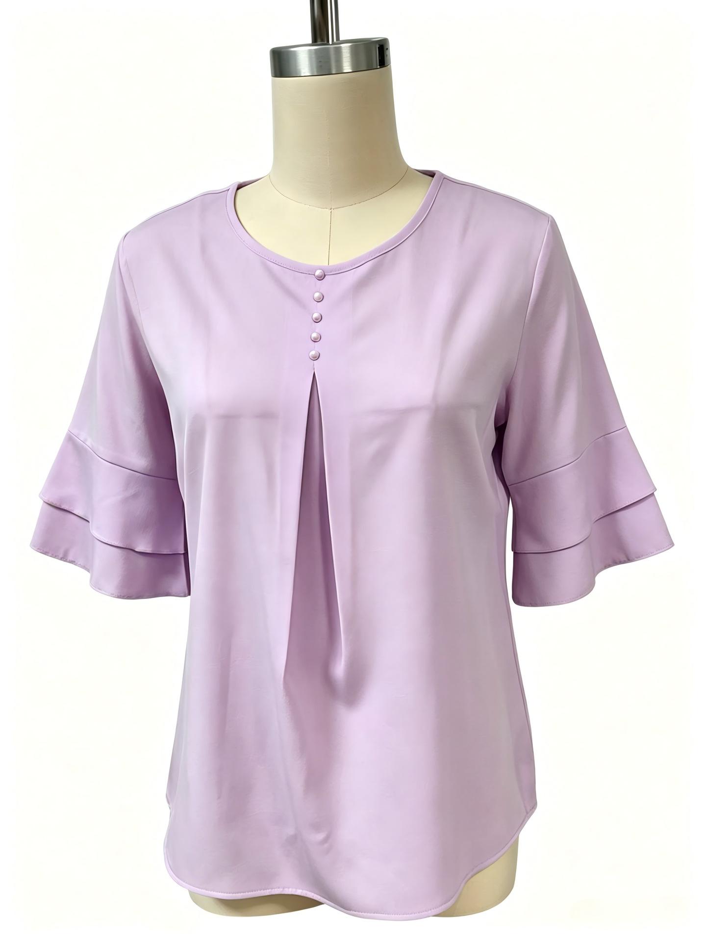 Womens Casual Ruffle Short Sleeve Blouse Double Layer Flutter Sleeve Shirt Loose Fit Slimming Top Polyester Comfortable Everyday Wear 2026 Summer Trendy Sweet Elegant Tunic Cute Work Office Apparel Flowy Basic Tee