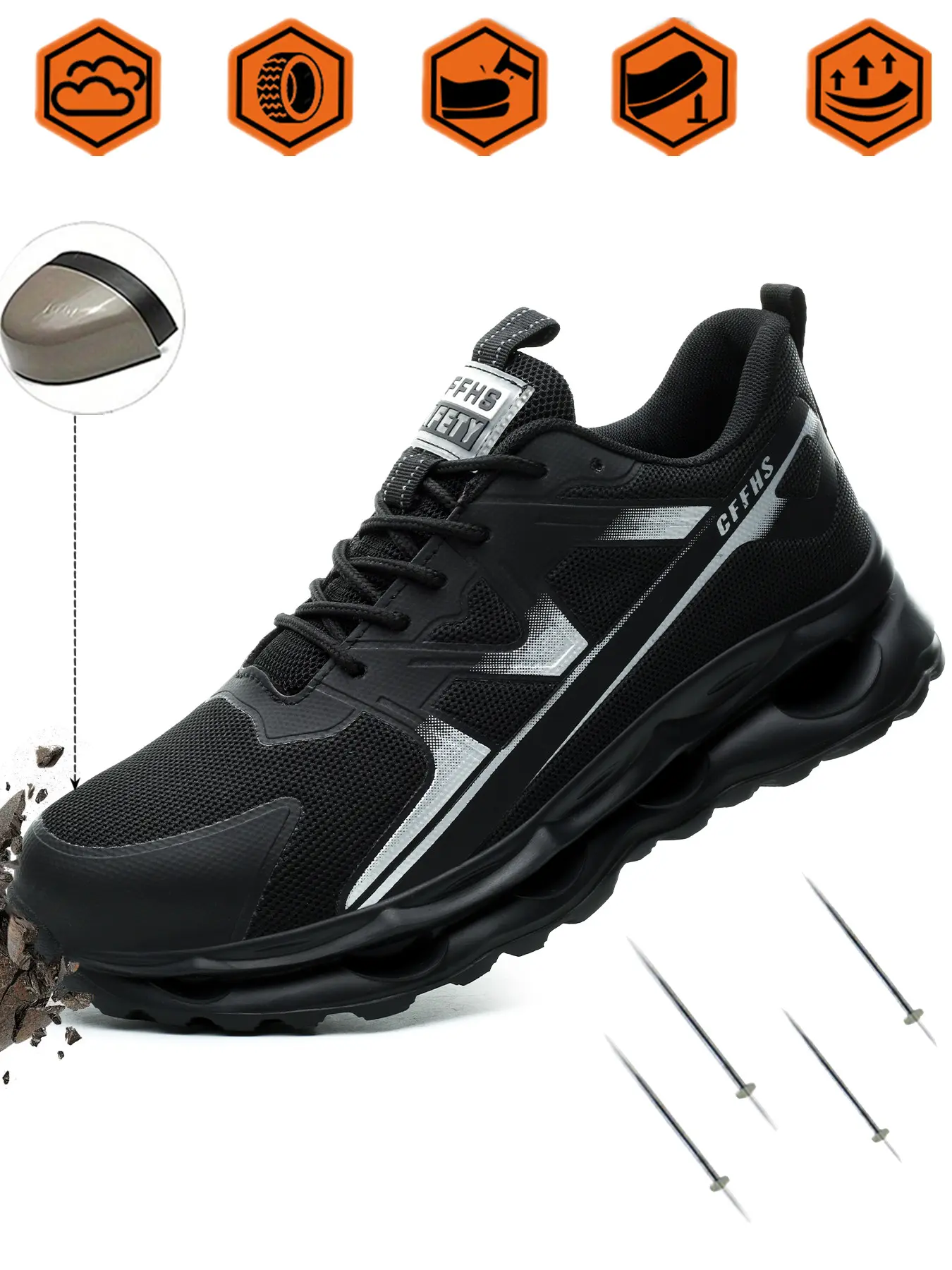 Men's Accident Prevention Safety Shoes, Breathable Mesh Upper, Slip Resistant Outsole, Ideal for Workshop, Warehouse and Other Working Scenarios