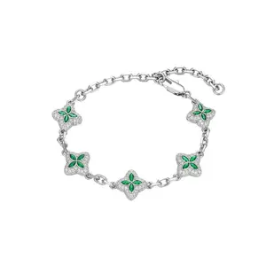 [ICE HUE] 18K Gold Vacuum Plated Copper 4-Leaf Clover Bracelet with 5A+ Sri Lanka Zircon, Miami-Italy-Mexico & Micro Inspired, Women's Luxury Costume Jewelry, Daily Wear Gift Idea, Classic Simple Style, Elegant Jewelry Bracelet