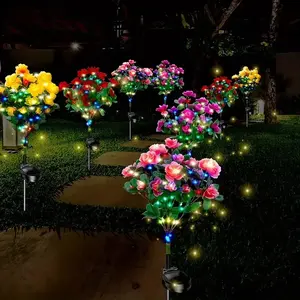 Solar Azalea Flower Lights Outdoor IP65 Waterproof Realistic Multi-Color Stakes Lamp for Grave Garden Decor Memorial Cemetery Lights