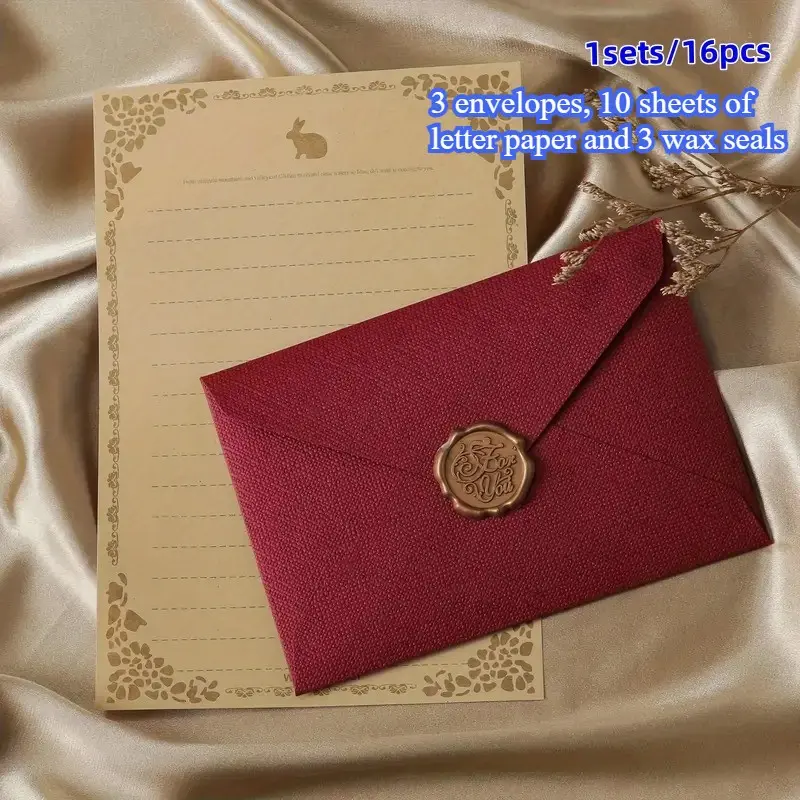 1Set 16Pcs Vintage Linen Stationery Envelope & Letter Paper Kit, Romantic Literary Style, Thick Linen Envelopes, Includes 3 Envelopes,10 Sheets Paper & 3 Wax Seals, Ideal For Handwritten Love Letters For Couples, Confession & Anniversary Use