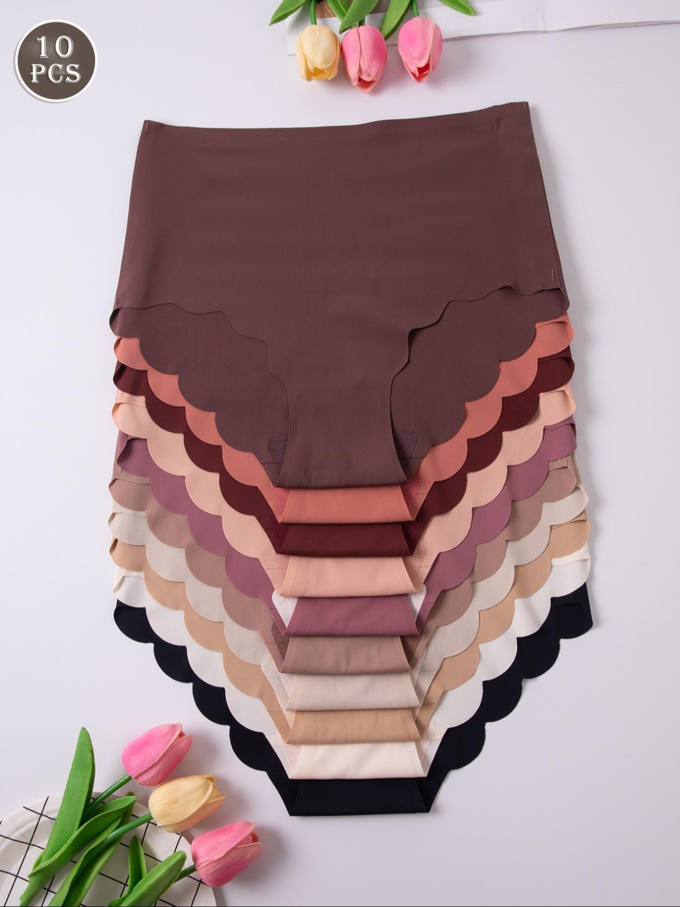 Women's Plain Scallop Trim Seamless Knicker, Soft Comfy Breathable High Waist Casual Panty for Daily Wear, Underwear for All Seasons