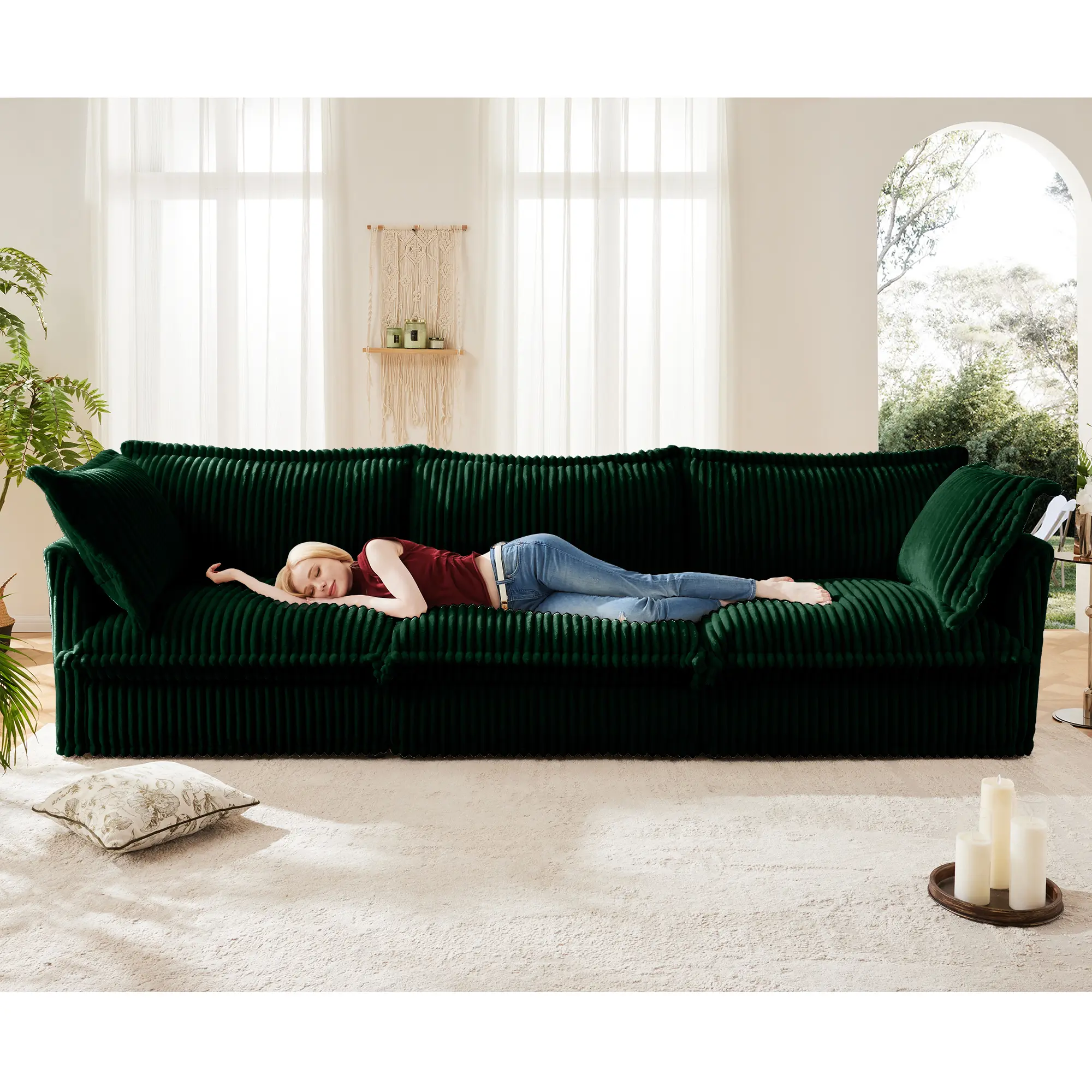 ARCH Modern 3 Seater Slipcovered Sofa Couch with Suppleness Armrests Deep Seat Comfy Couch with Multiple Big Pillows Corduroy Fabric Living Room Apartment Furniture Green, Living Room Furniture for Apartment, Lounge, Family Room, Sofa Couch Seating