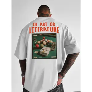 180g[100%cottMen'S Retro Pool Table Graphic T-Shirt - "OF ART OR LITERATURE" Red Print, Casual Loose Fit, Short Sleeve, Round Neck, Summer Streetwear, Casual Streetwear |   Retro Pool Table Design |   Asymmetrical Print, Pool T Shirt, T Shirt Men, Men T S