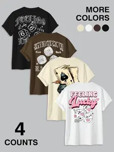 🍀4 Pack Lucky Casual Graphic Tees | Y2K Retro Dice Print Shirts | Trendy "Feeling Lucky" Tops | Versatile Everyday Outfits