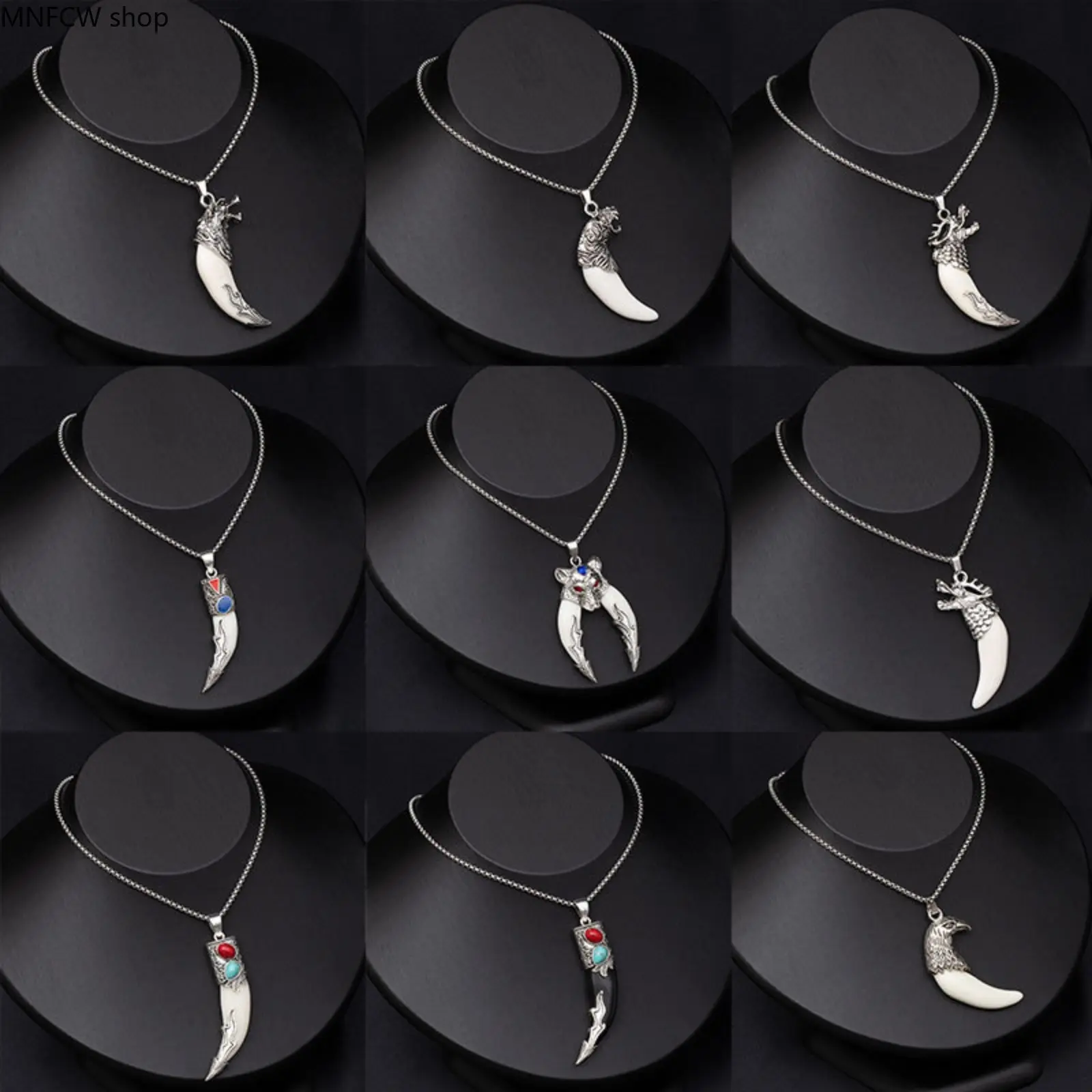 Men's Stainless Steel Metallic Finish Necklace - Retro Ethnic Wolf Head & Tooth Long Pendant, X458 Dripping Oil Wolf Tooth, X458-11 Red/Blue Double-Sided Turquoise Pendant, Casual Outdoor Camping Hiking Jewelry, No, Animal