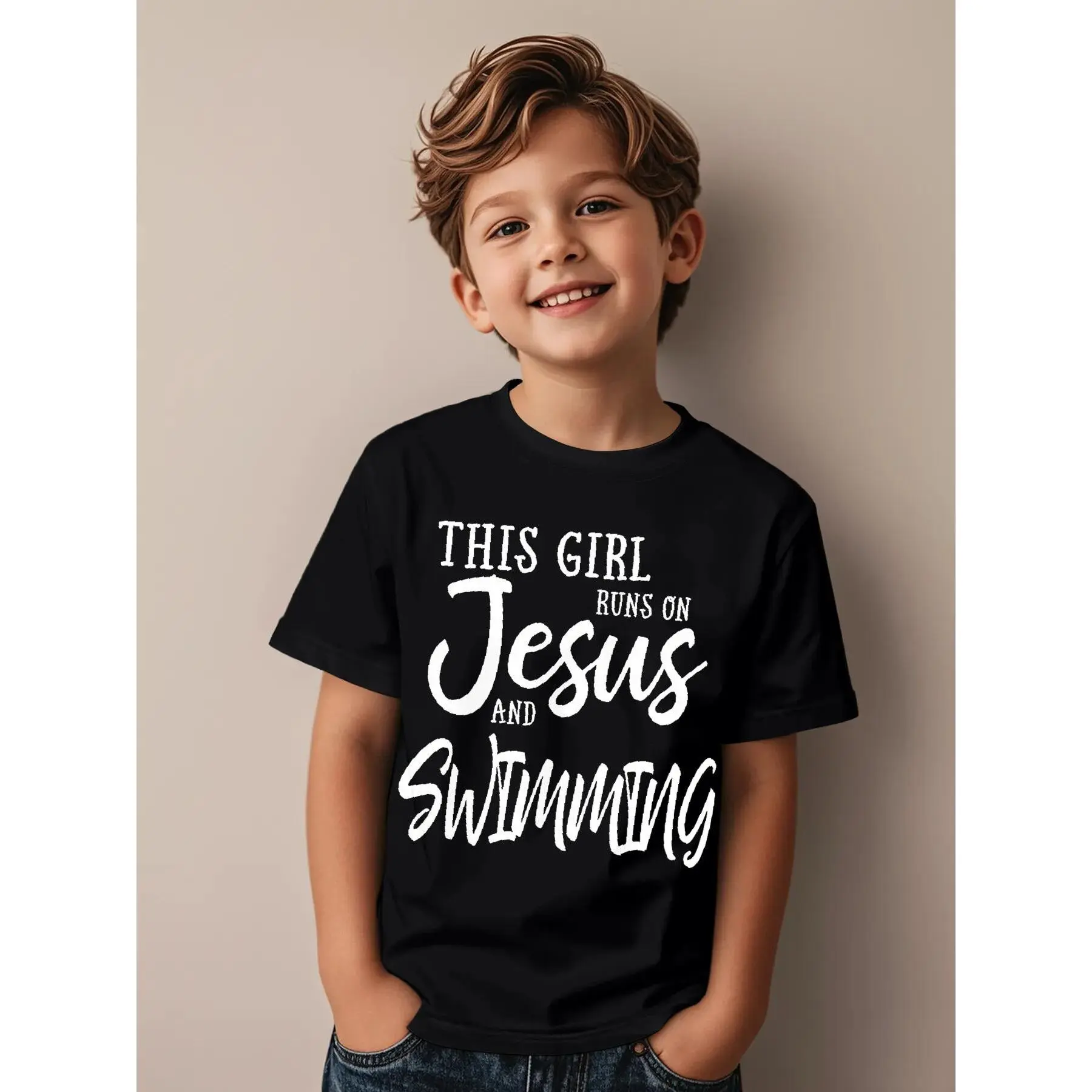 This Girl Runs On Jesus And Swimming Novelty Awesome Graphic Kid T-Shirt Casual Kid T Shirts Trendy Cool Tees Tops for Kid