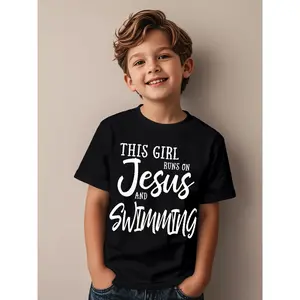 This Girl Runs On Jesus And Swimming Novelty Awesome Graphic Kid T-Shirt Casual Kid T Shirts Trendy Cool Tees Tops for Kid