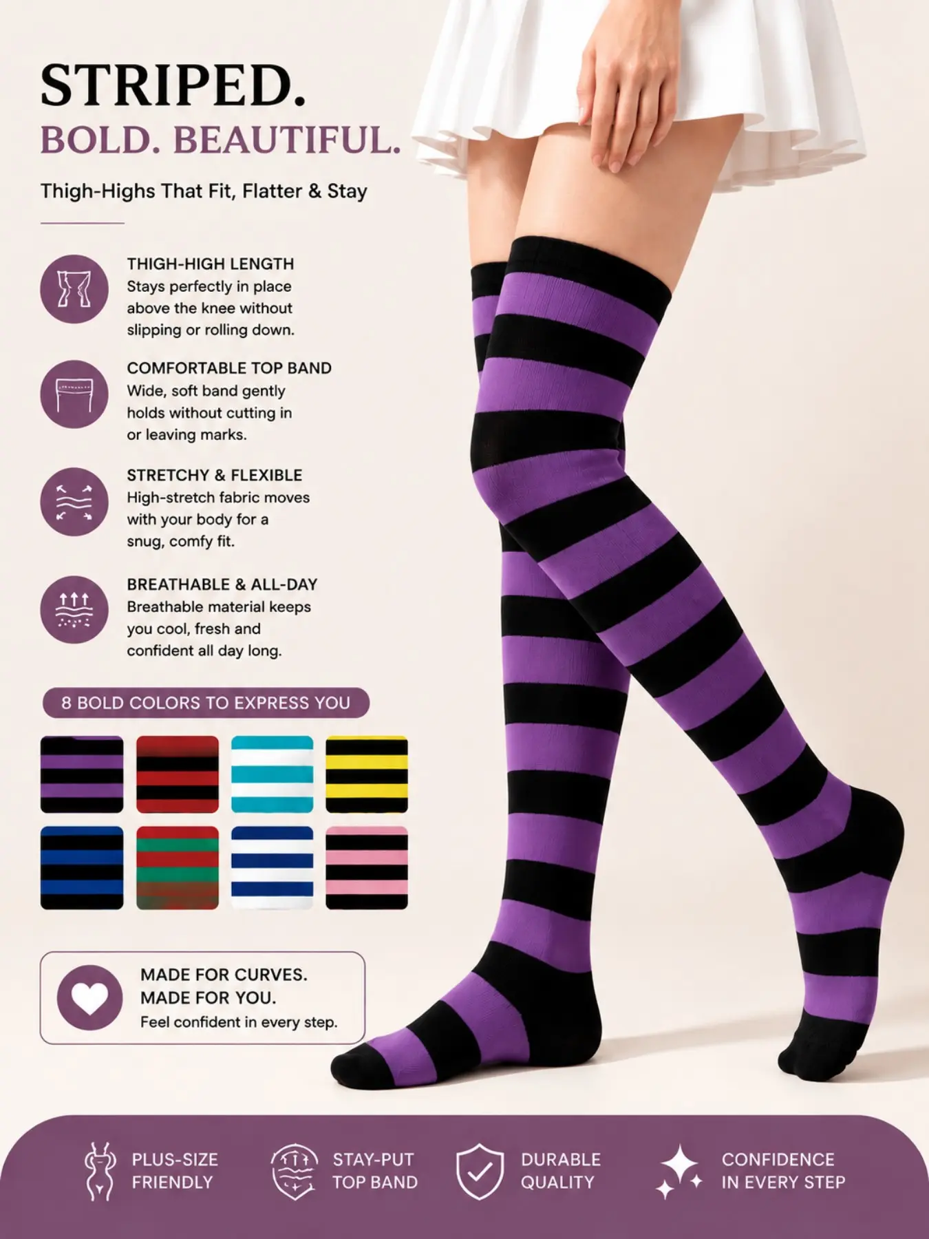 Y2K High Elastic Over-The-Knee Stocking Socks for Women, Striped, Comfortable, Multiple Colors, Ideal for Parties and Daily Wear