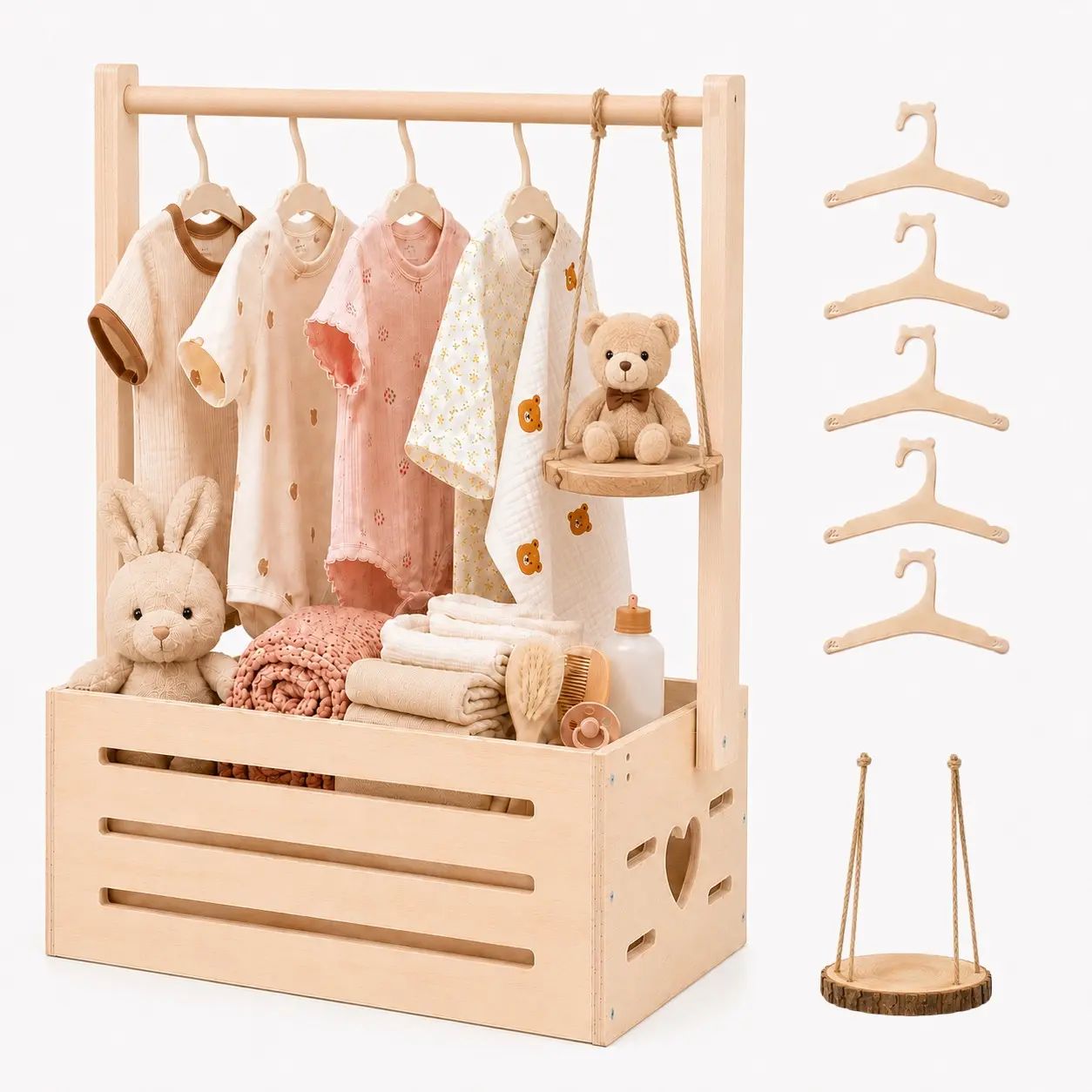 Wooden Baby Shower Crate with 5 Pcs Hangers, DIY Decorative Storage Basket, Multi-Purpose Organizer, Perfect Gift for Expectant Mothers