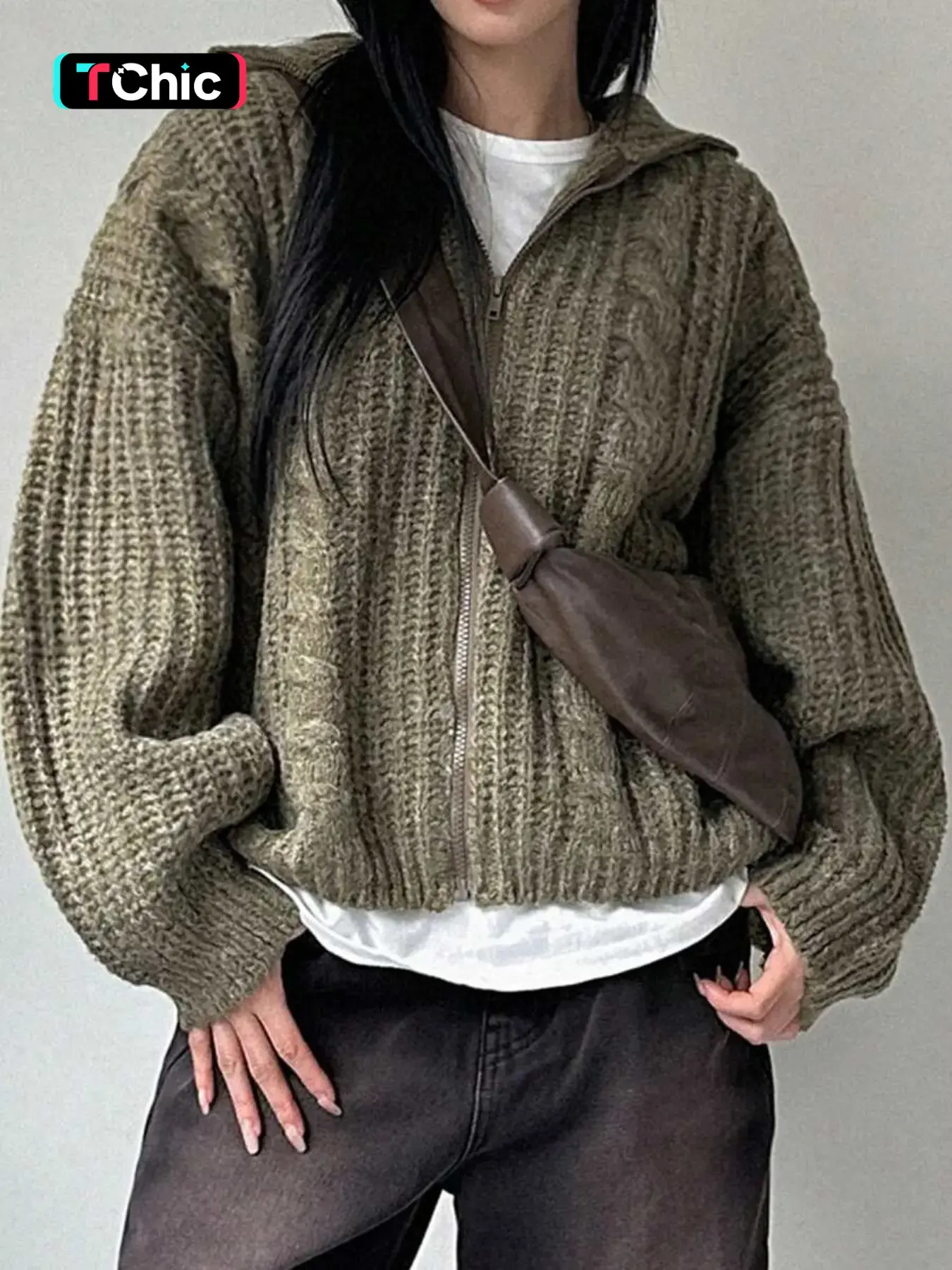 Women's Zipper Up Lapel Cable Knit Long Sleeve Cardigan Sweater, Autumn/Winter Casual Loose Fit Thick Warm Cozy Chunky Fashion Knit Cardigan, Womenswear Knitwear, Women Fall Outfit, Women Winter Outerwear, Sweater Coat Jacket, Knitting