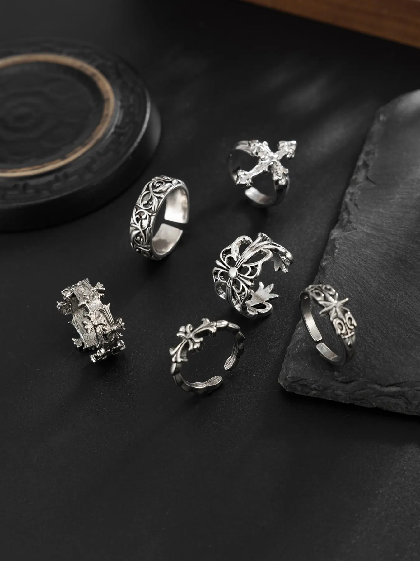 6-Piece Punk Style Cross Ring Set, Fashion Stackable Rings, Fashionable Streetwear Jewelry, Perfect for Daily Wear and Holiday Decorations, Trendy Accessories