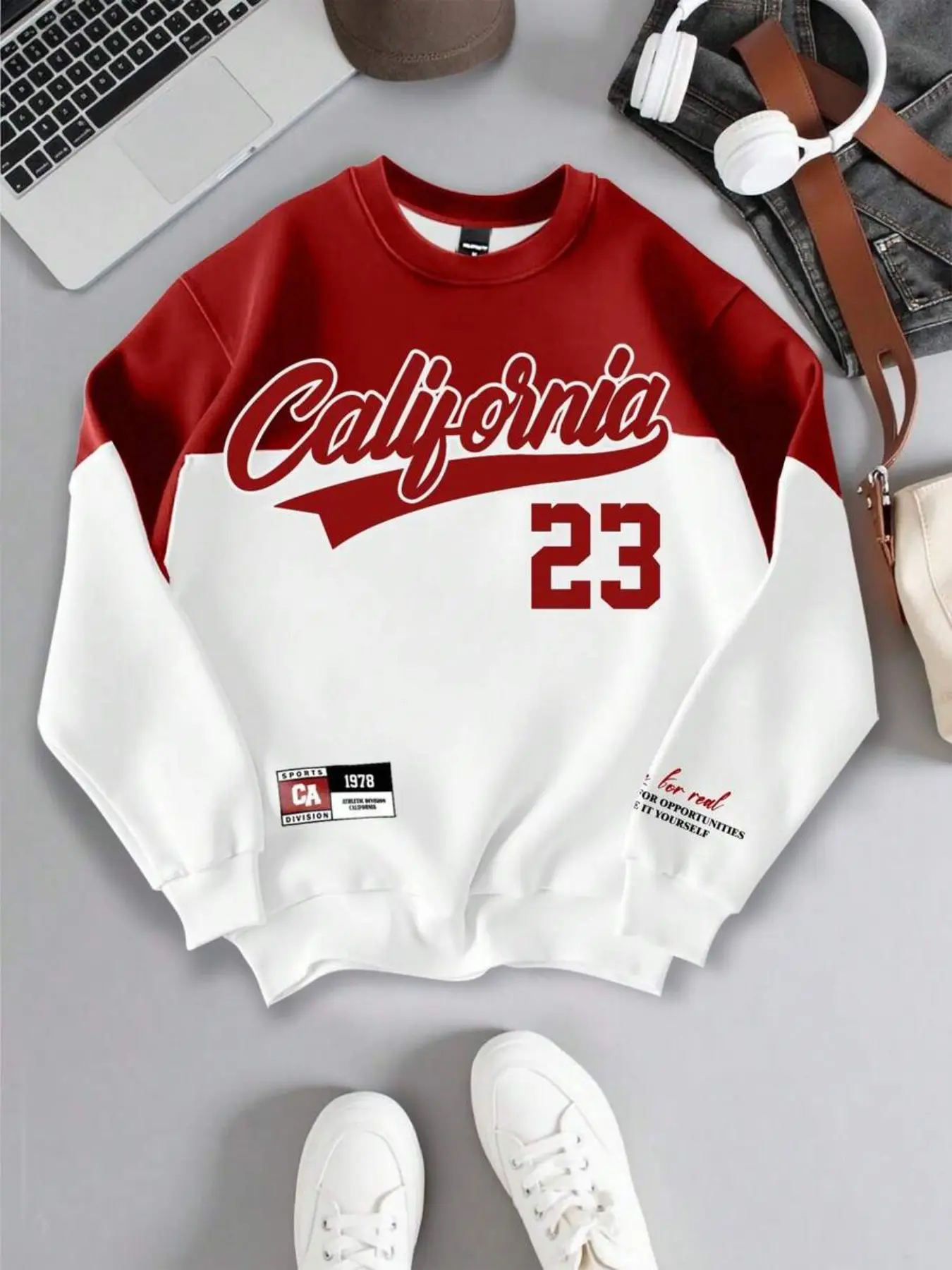 American Baseball Style Ca1978 Colorblock Sweatshirt, California Number 23 Print, Unisex Casual Loose-Fit Top for Fall & Winter
