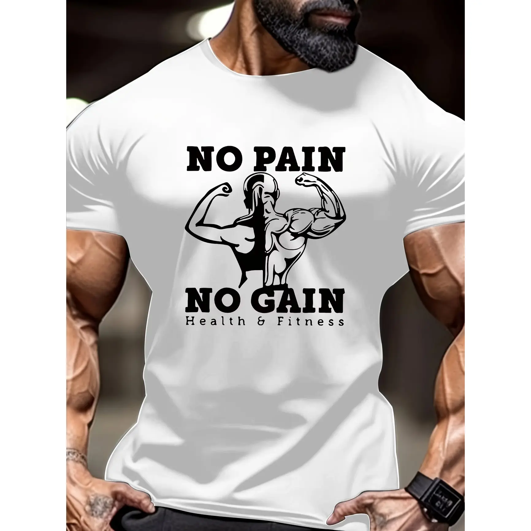 Menswear Oversized Comfort Cotton Round Neck Short Breathable Graphic Tee - "No Pain No Gain" Muscle Bodybuilder Outfit, Gym Workout Motivational Casual Top, Ideal Valentine Present For Fitness Lovers, Tops