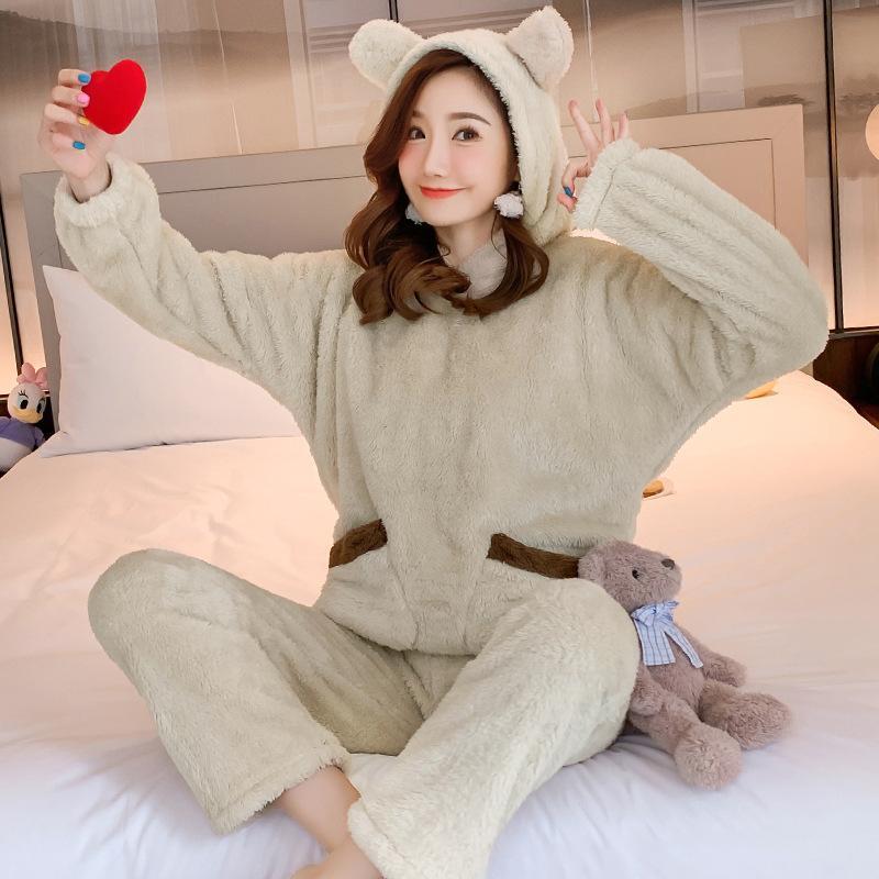 Autumn Winter Thickened Warm Women Loungewear Suit Cartoon Plush Hooded Bear Sleepwear Ladies Flannel Homewear Nightwear Set