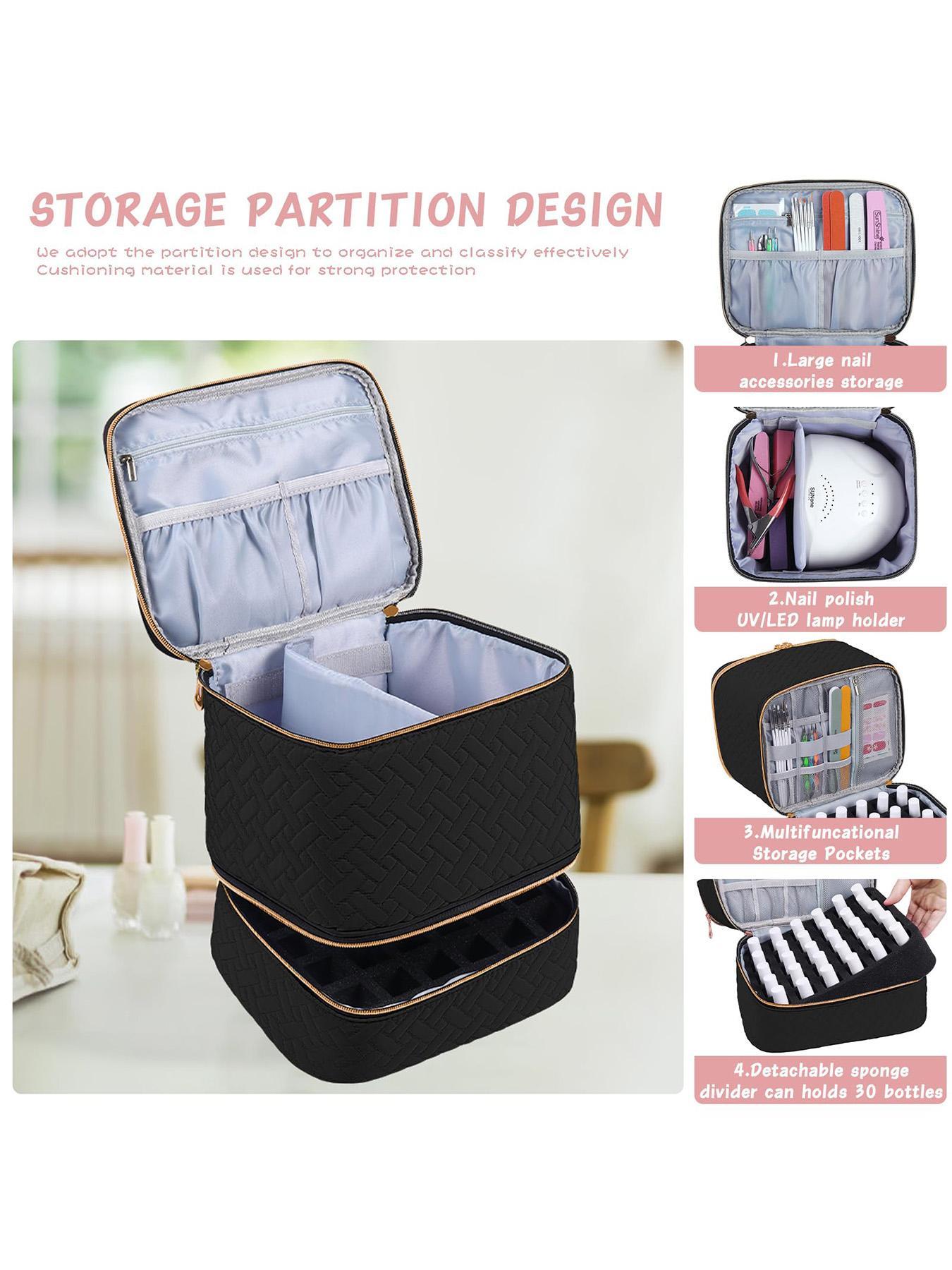 Double Quilted Nail Polish Storage Bag, Portable Nail Polish Nail Kit Supplies Organizer, Gel Nail Polish Carrying Case, Makeup Storage Bag, Holds 30 Bottles of Nail Polish