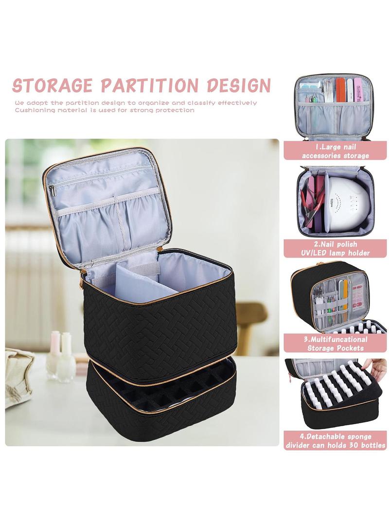 Double Quilted Nail Polish Storage Bag, Portable Nail Polish Nail Kit Supplies Organizer, Gel Nail Polish Carrying Case, Makeup Storage Bag, Holds 30 Bottles of Nail Polish