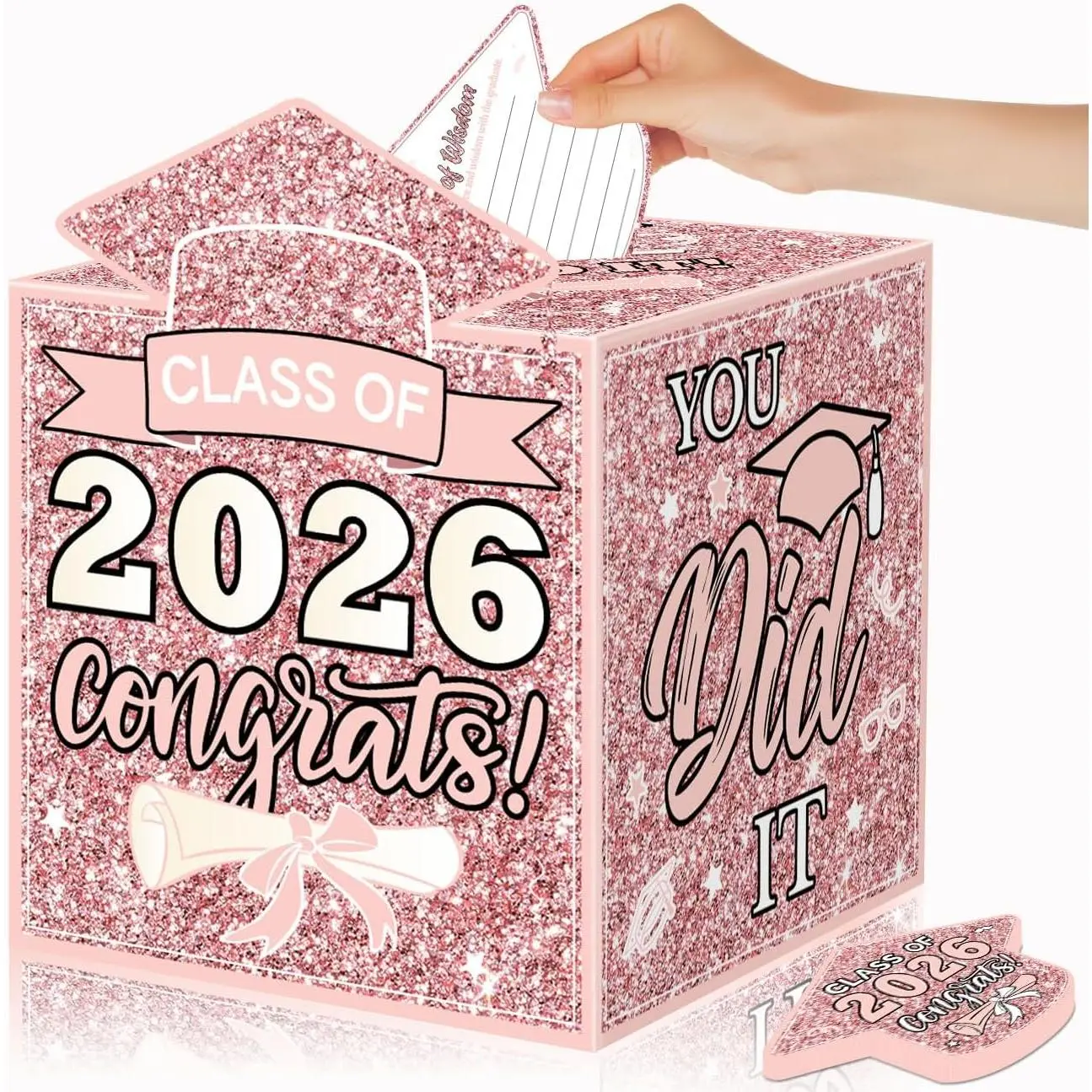 Pink 2026 Graduation Party Decorations Congrats Grad Card Box with 48 PCS Advice Cards Rose Gold Class of 2026 Graduation Gift Card Box for Grad Party
