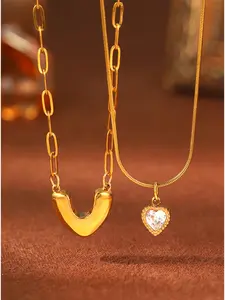 2-Piece Gold-Tone Stainless Steel Necklace Set: U-Shaped Pendant Chain & Heart-Shaped Crystal Pendant; Vintage-Inspired, Affordable Luxury Layered Style; Suitable for Daily Wear, Parties, and Dates; Ideal Gift for Birthdays or Valentine's Day.