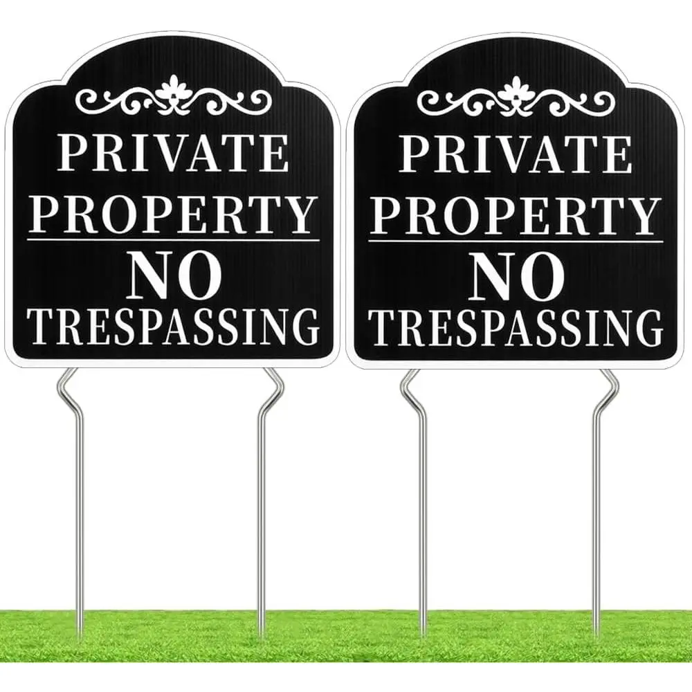 Modern Corrugated Plastic No Trespassing Private Property Signs, 2-Pack 21.5in High 11.8x11.8in Bold Letters Double-Sided Yard Signs with Metal Stakes for Front Door, 11.8X11.8"