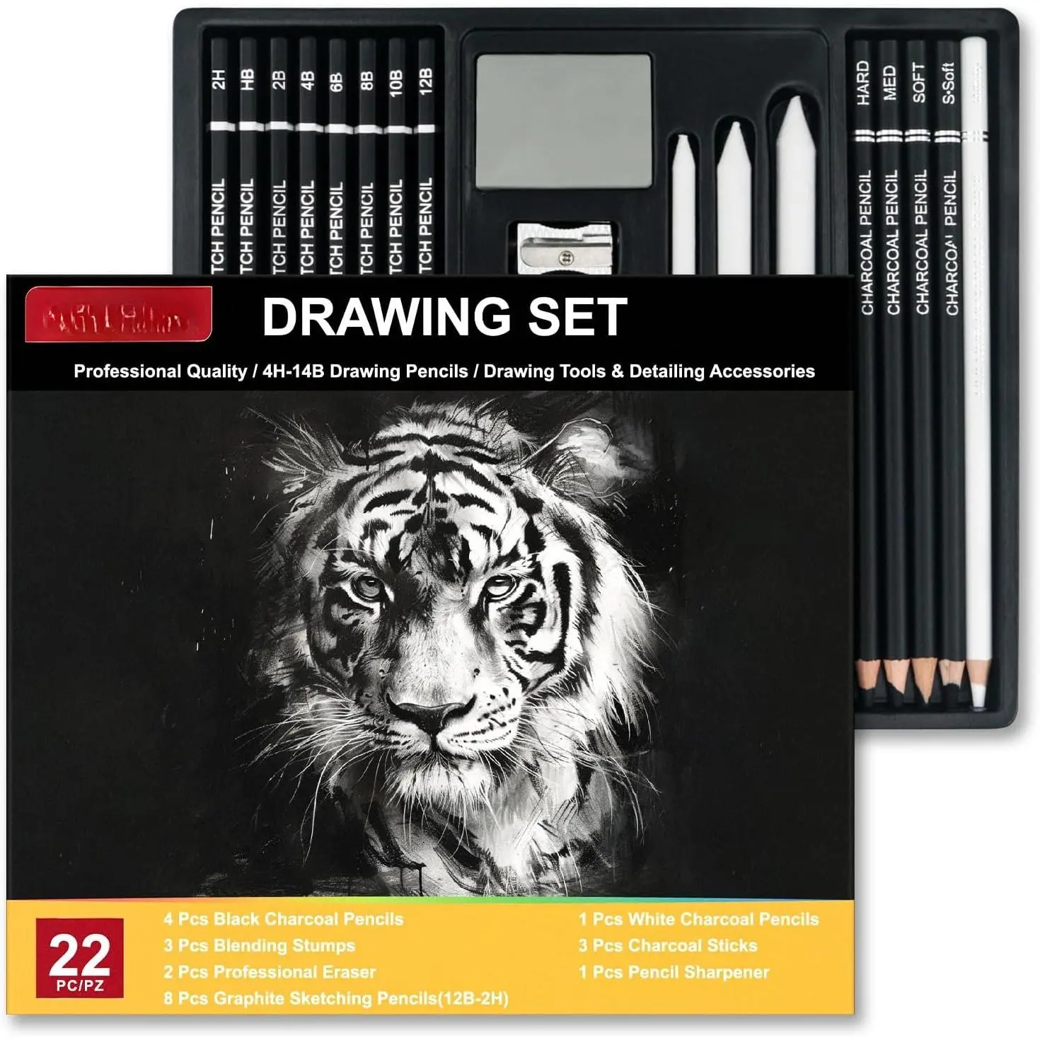 Charcoal Pencils for Drawing, 22- Sketch Pencils for Drawing Set | Drawing Pencils for Sketching, Shading, Charcoal Art Supplies for , Teens, Adults, Art Students, Beginners & Pro Artists.