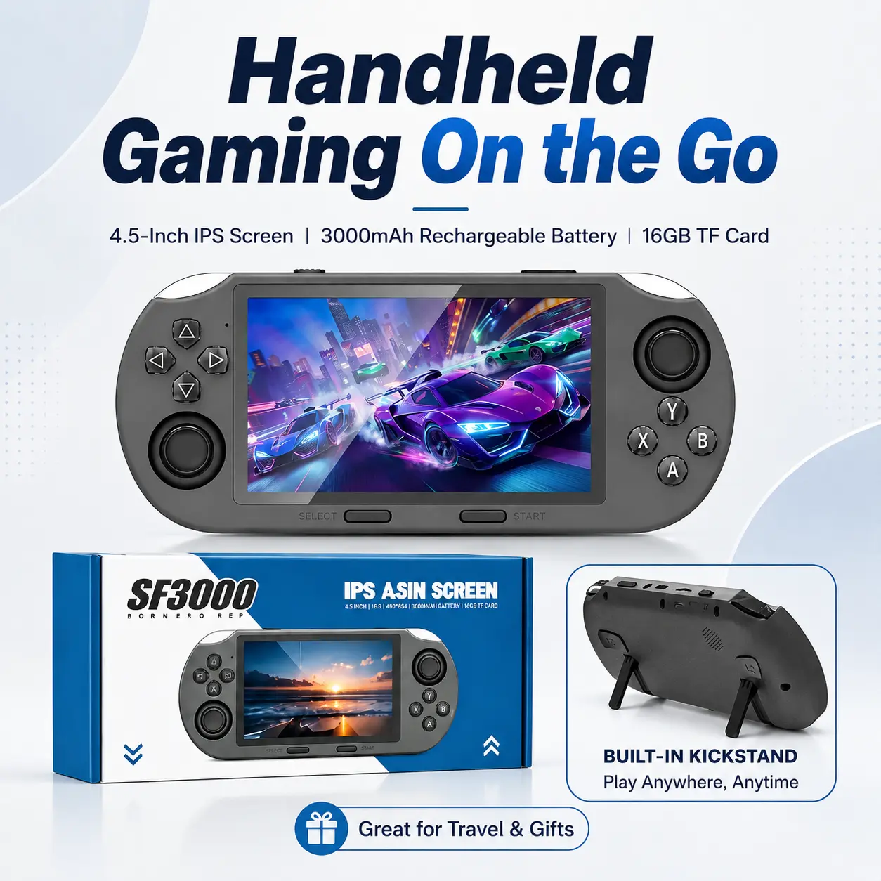 Retro Mini Handheld Video Game Console with Clear 4.5-Inch IPS Display, Long-Lasting 3000mAh Battery and 16GB Memory Card, Portable Gaming Device for Teens, Adults and Beginners