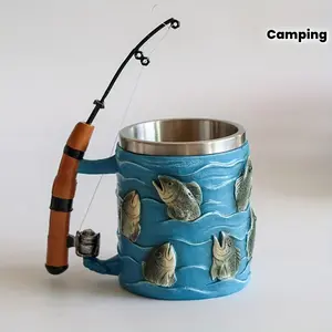 1pc Fishing-Themed Mug - Fish Rod Design Beer & Coffee Cup, 304 Stainless Reusable Cup with Fishing Rod Shape for Anglers, Ideal for, Camping, or as a Gift for Fishing Enthusiasts (Hand Wash Only)