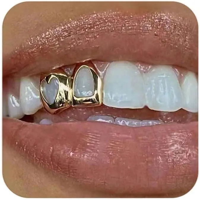 Gold Grills for Your Teeth Grillz for Women Teeth Men Gold Tooth Cap Grillz for Women Golden Tooth Jewelry Hollow out Heart Mouth Grills Men Hip Hop Outfits Custom Accessory Halloween Party