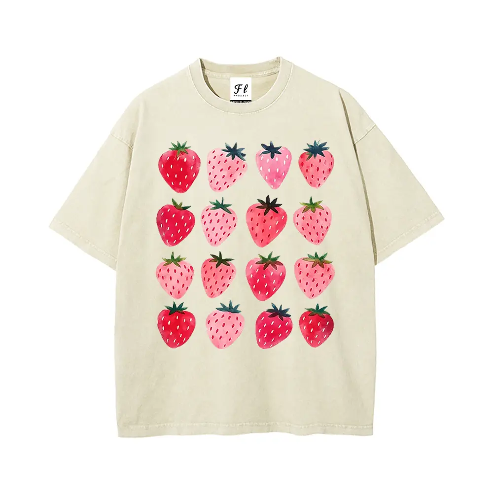 Oversized Tshirt Women Vintage Graphic Tees Watercolor Strawberry Grid Fruit Graphic Tee, Camisetas de Mujeres Retro Pastel Berry Print Soft Washed Beige 100% Cotton Crew Neck T Shirts Women Graphic Tee