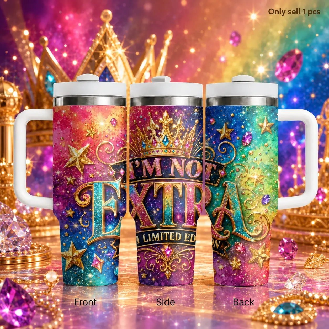 Galaxy Star Glitter 40oz Tumbler with Handle & Straw, Stainless Steel Vacuum Insulated Travel Mug, Luxury Cosmic Design Cup with Colorful Stars & Gems, Leakproof Water Bottle for Car, Gym & Office