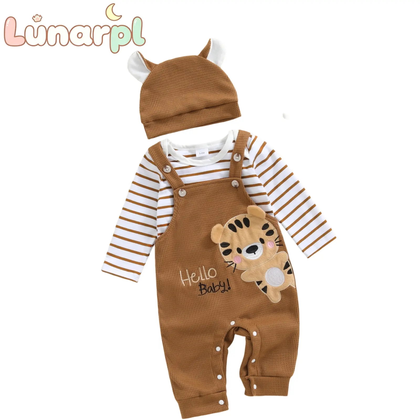 Infant Baby Cute 3 Piece Outfit Set Long Sleeve Striped Romper with Tiger Embroidered Overalls and Ear Hat Fall Winter Casual Baby Clothes