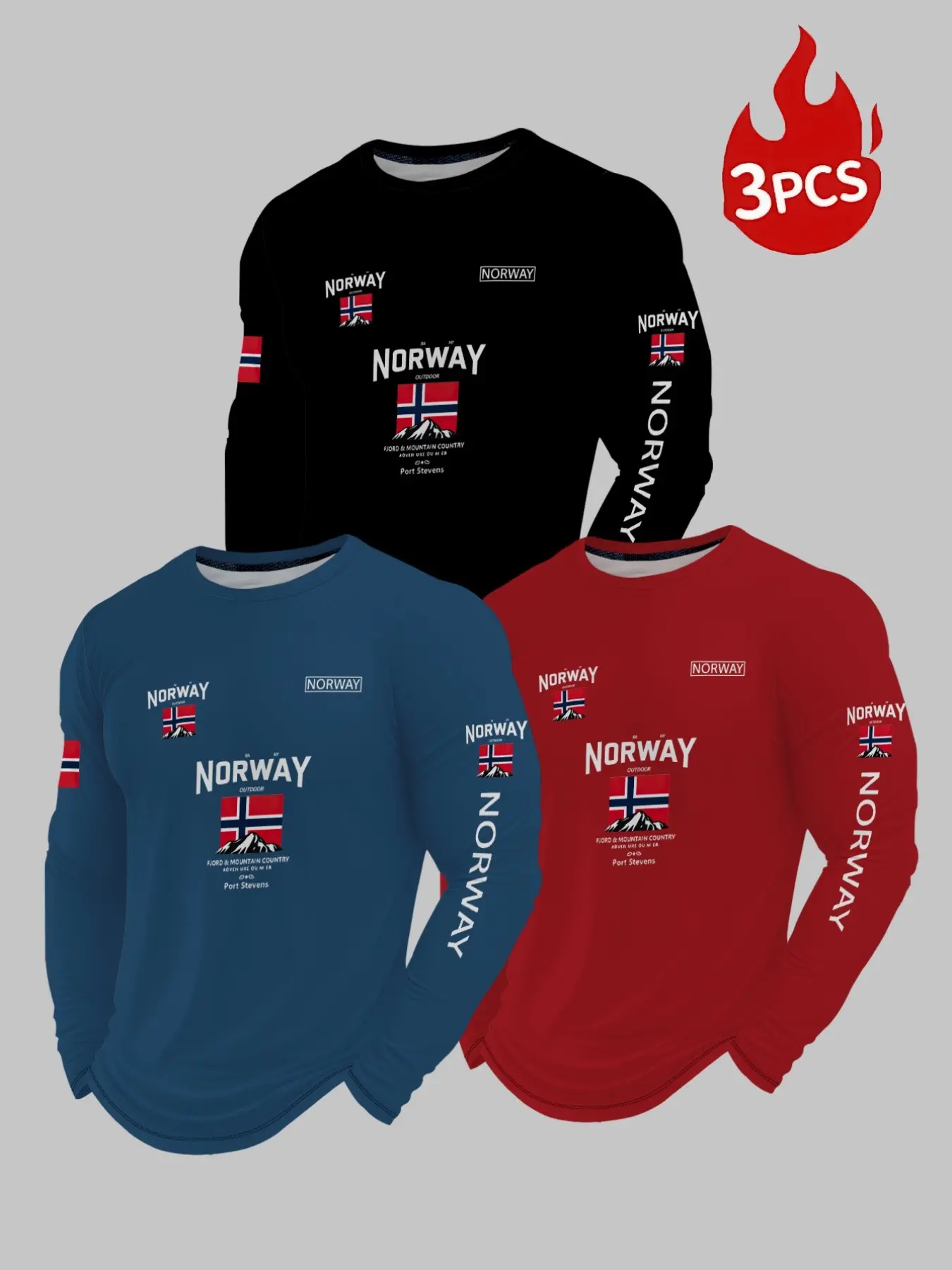 3-Pack Men's Outdoor Long Sleeve Shirts, Norway Mountains Flag Print, Casual Round Neck, Lightweight Daily Wear, Slim-Fit T-Shirts