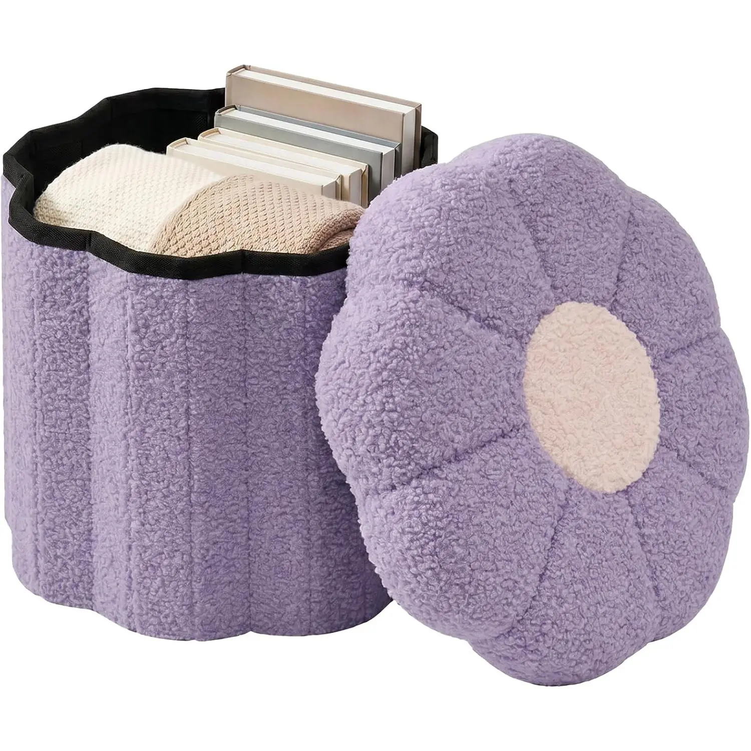 Flower Boucle Storage Ottoman, 12.6" Small Footstool with Padded Seat, Folding Sherpa Foot Rest for Sofa, Floral Accent Side Table for Living Room, Bedroom, Dorm, Purple