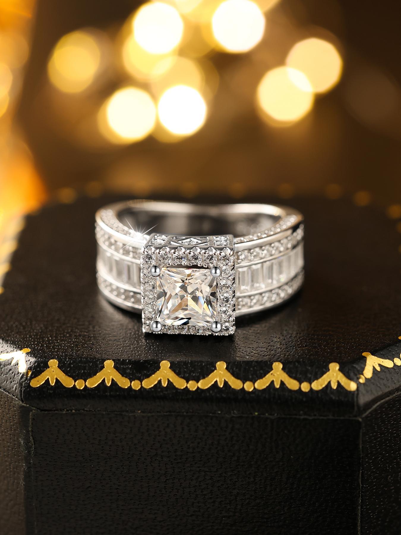 S925 Sterling Silver Women's Elegant Artificial Zircon Decorated Ring, Exquisite Trendy Bridal Engagement Ring, Fashionable Jewelry Accessories for Women As Gift