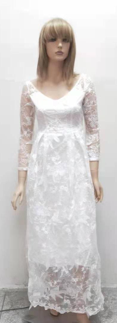 Women's white dress, lace embroidered evening gown, nine-quarter sleeves, off-the-shoulder, bridal wedding dress, long skirt