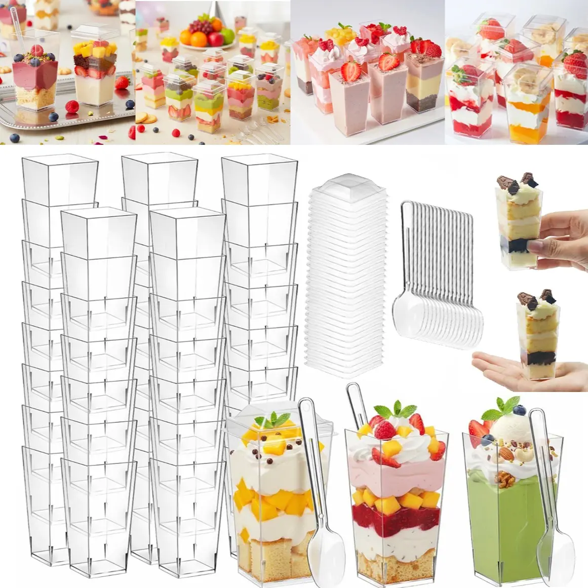 3oz Clear Mini Rectangular Dessert Cups with Lids & Spoons, 50/100 Pack Food Grade Parfait Shooter Cups, Reusable Appetizer Bowls for Wedding, Birthday, Family Gatherings, Christmas & Catering, Great for Mousse, Trifle, Ice Cream, Fruit, Pudding & Cakes