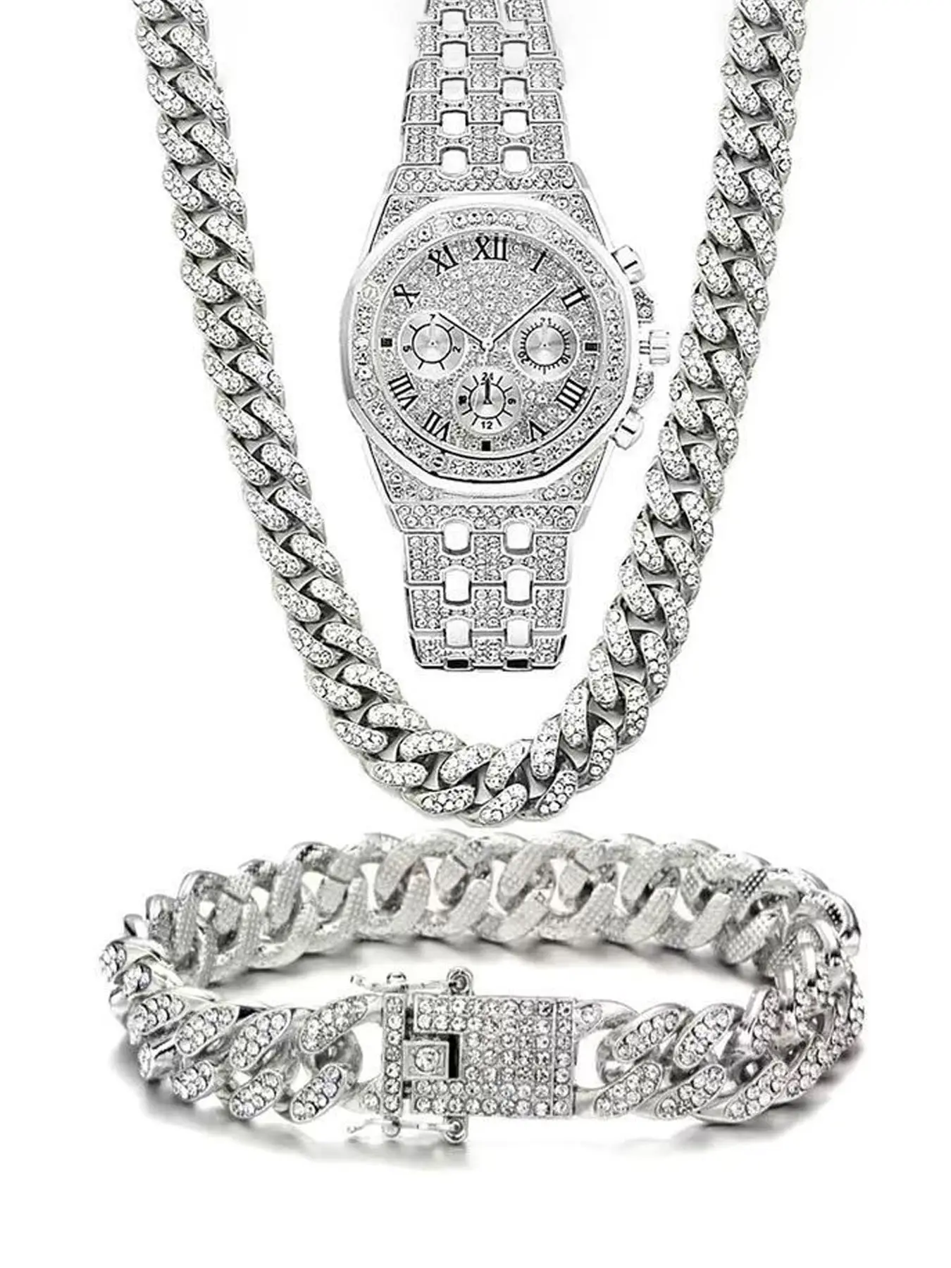 3-piece set of fashionable starry sky diamond-encrusted three-eye Roman numeral quartz watches