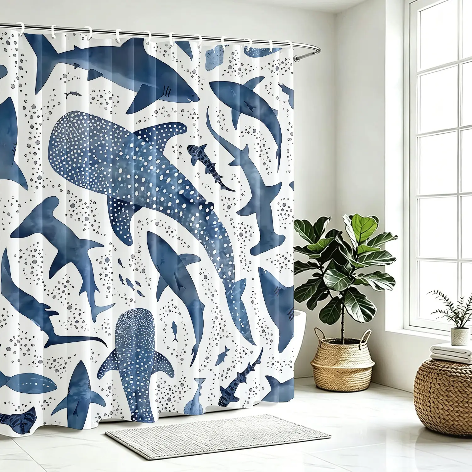 Blue Tone Whale Shark Print Shower Curtain; Waterproof Bath Curtain with Free Hooks; Washable Bathroom Curtain, Decor Accessory for Ocean Lover Bedroom, Shark Playroom, Kid Sea Nursery, Coastal Airbnb