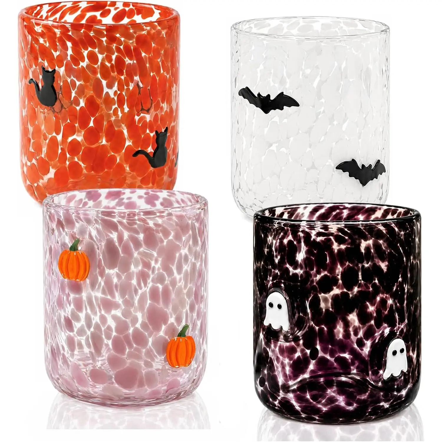4 count Halloween Icon Glass Cups - 16oz  & Bat Icon & Pumpkin & Black- Juice Glass Old Fashioned Hand Blown Cute Drinking Cups for Party Decoration & Lovely