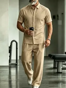 Men's Linen Solid Color Collared Short Sleeve Shirt and Long Pants Set, Classic Outfit, Menswear Fashion Casual Daily Commute, Comfortable and Stylish