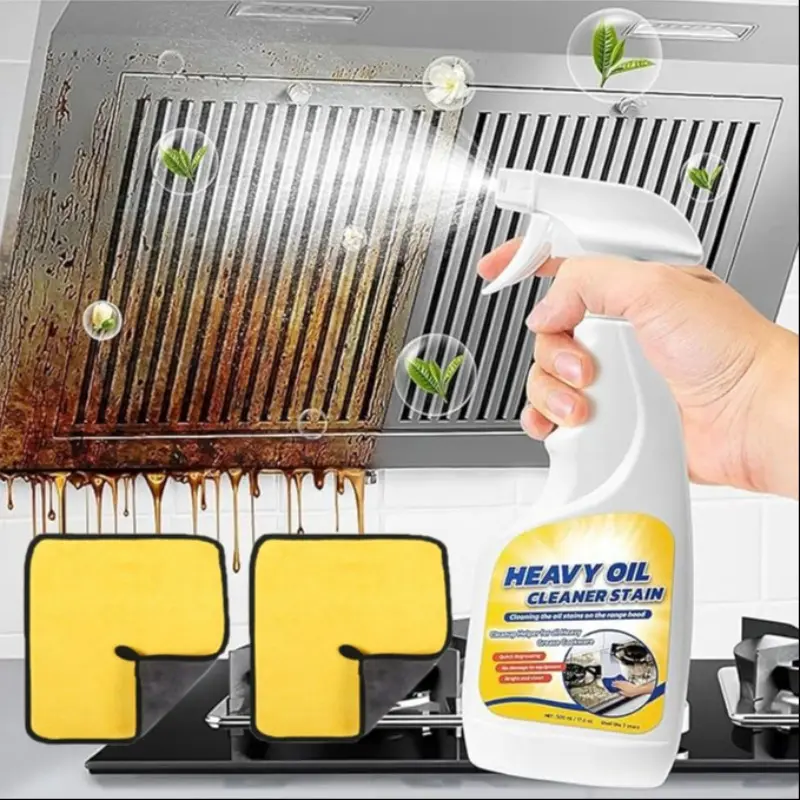 Fast Acting Heavy Duty Grill Degreaser Spray with Cleaning Rag, BBQ Grill Cleaner for Stubborn Grease and Burnt Food, Heavy Oil Cleaner Stain, Multi-Purpose Grease Remover for Oven Stove Grill Air Fryer（1pcs Spray+2pcs Rags）