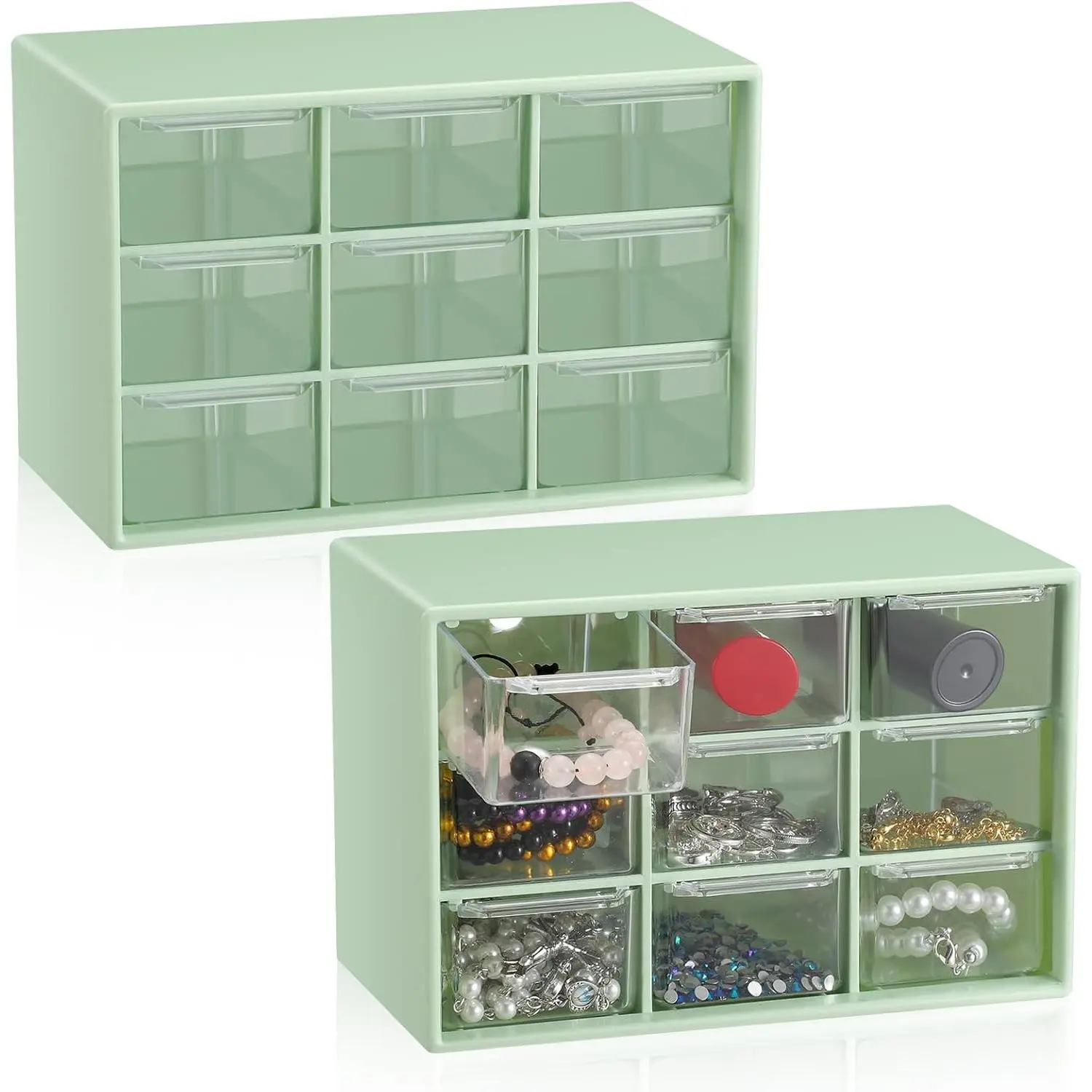 Wenqik 2 Pcs Mini Storage Drawers with 9 Clear Drawers,Green | Desktop Organizer for Beads Buttons Crafts Supplies, Transparent Bins Easy View, Ideal for Classroom Desk Office, Stackable